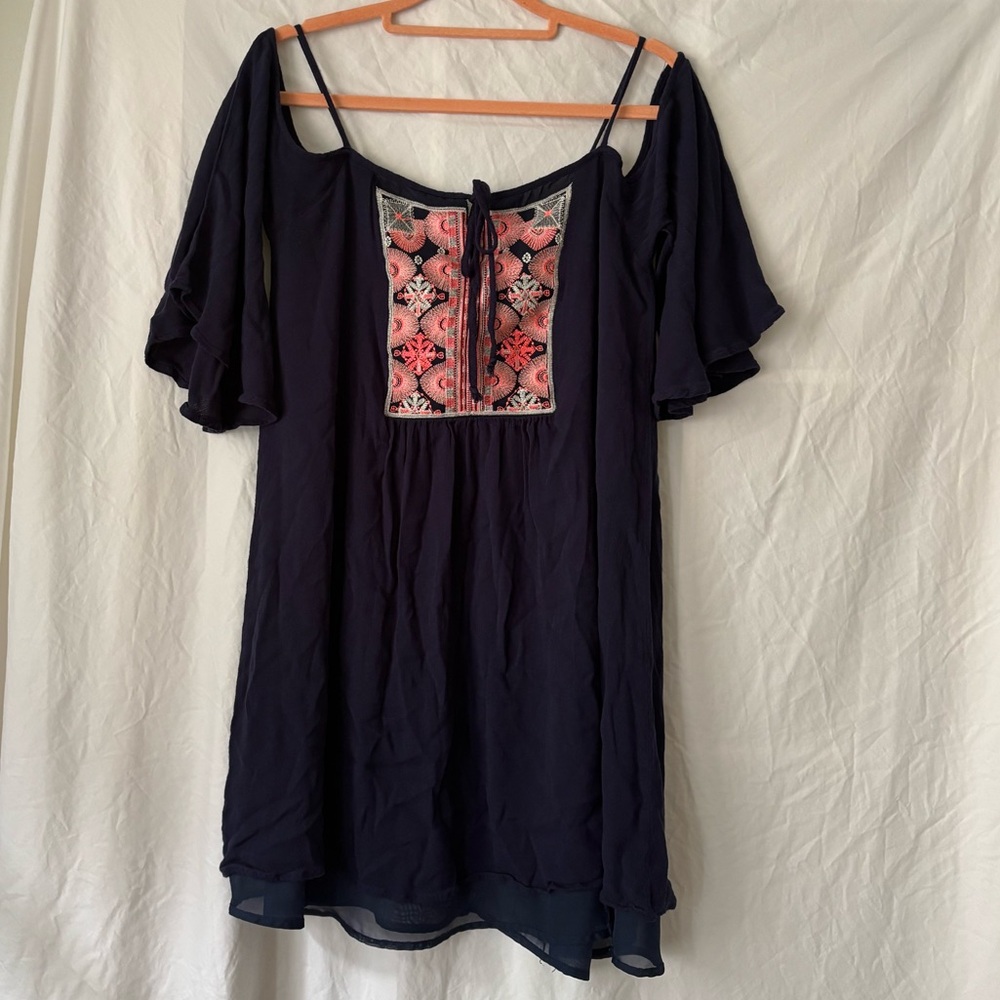 Francescas Alya Navy Embroidered Cold Shoulder Bohemian Babydoll Dress